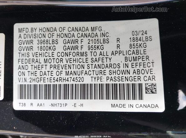 2HGFE1E54RH474520 2024 HONDA CIVIC Black Engine compartment view