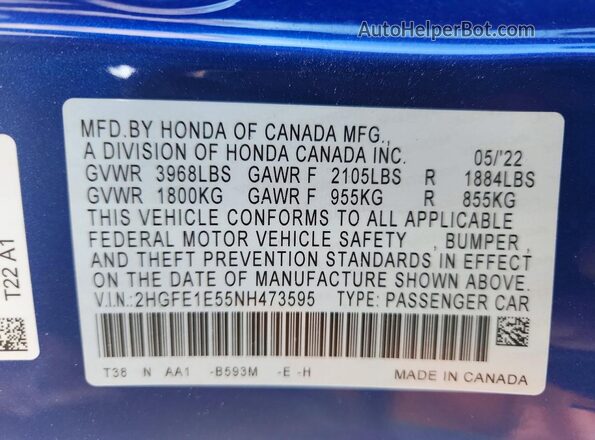 2HGFE1E55NH473595 2022 HONDA CIVIC Blue ძრავის განყოფილების ხედი