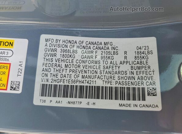 2HGFE1E56PH474211 2023 HONDA CIVIC Gray Widok naklejki z numerem VIN