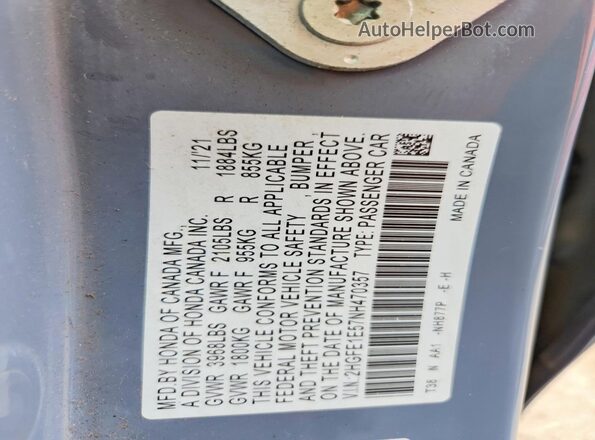 2HGFE1E57NH470357 2022 HONDA CIVIC Gray ძრავის განყოფილების ხედი