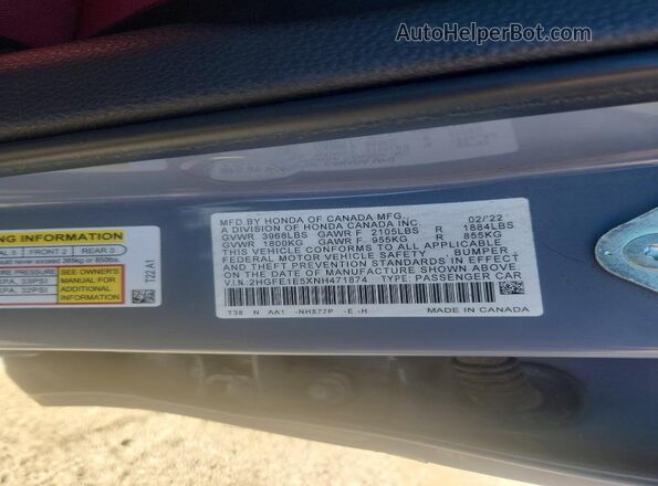2HGFE1E5XNH471874 2022 HONDA CIVIC Blue Շարժիչի բաժամունքի տեսք