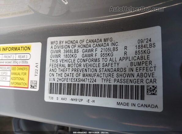 2HGFE1E5XSH471224 2025 HONDA CIVIC Gray Շարժիչի բաժամունքի տեսք
