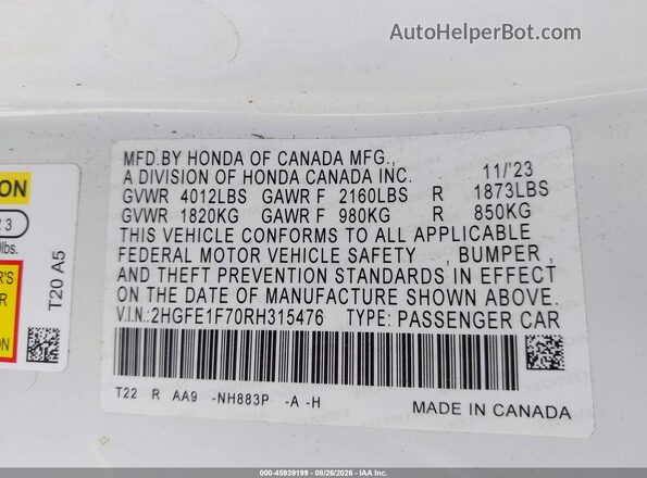 2HGFE1F70RH315476 2024 HONDA CIVIC White ძრავის განყოფილების ხედი