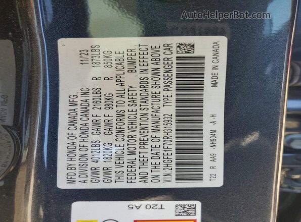 2HGFE1F70RH315932 2024 HONDA CIVIC Charcoal Engine compartment view