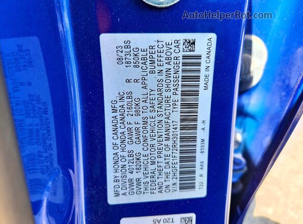 2HGFE1F72RH301417 2024 HONDA CIVIC Blue ძრავის განყოფილების ხედი