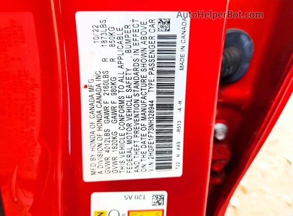 2HGFE1F73NH328944 2022 HONDA CIVIC Красный Вид наклейки с VIN-кодом