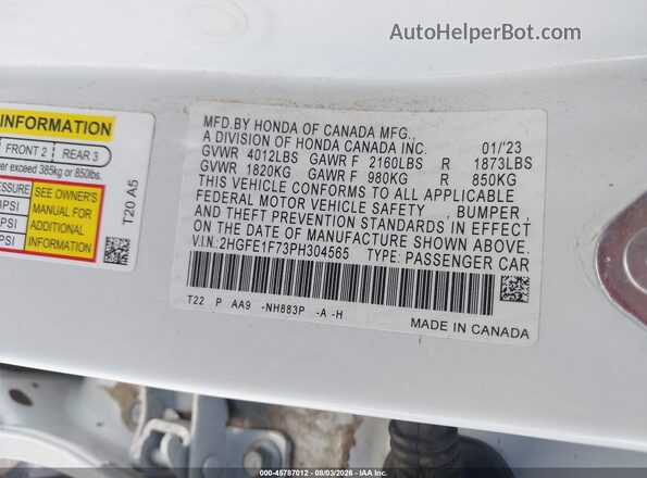 2HGFE1F73PH304565 2023 HONDA CIVIC White Widok komory silnika