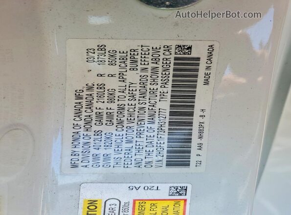 2HGFE1F73PH312777 2023 HONDA CIVIC White Vista de la etiqueta del VIN