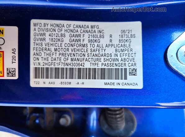 2HGFE1F75NH303642 2022 HONDA CIVIC Blue VIN კოდის სტიკერის ხედი