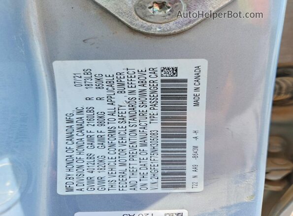 2HGFE1F75NH305083 2022 HONDA CIVIC Blue VIN კოდის სტიკერის ხედი