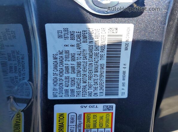 2HGFE1F75PH319455 2023 HONDA CIVIC Gray VIN կոդի պիտակի տեսք