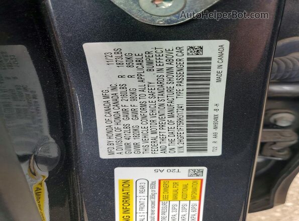 2HGFE1F75RH317241 2024 HONDA CIVIC Gray Շարժիչի բաժամունքի տեսք