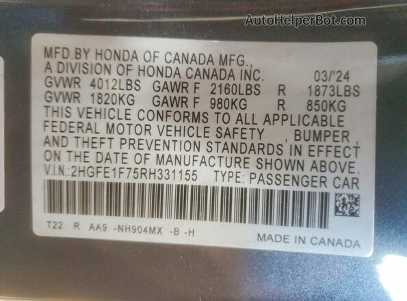 2HGFE1F75RH331155 2024 HONDA CIVIC Charcoal Շարժիչի բաժամունքի տեսք
