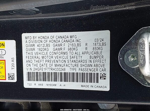 2HGFE1F77RH330248 2024 HONDA CIVIC Gray ძრავის განყოფილების ხედი