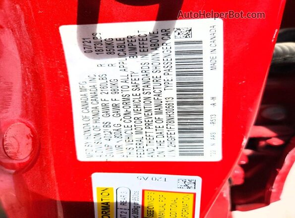 2HGFE1F78NH305613 2022 HONDA CIVIC Красный Вид наклейки с VIN-кодом