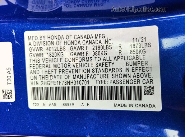 2HGFE1F78NH310701 2022 HONDA CIVIC Blue Vista de la etiqueta del VIN