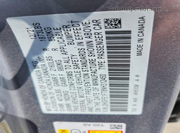 2HGFE1F78NH312450 2022 HONDA CIVIC Silver VIN კოდის სტიკერის ხედი