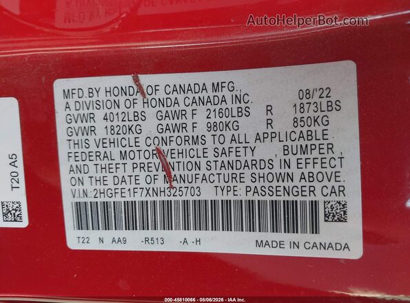 2HGFE1F7XNH325703 2022 HONDA CIVIC Красный Вид подкапотного пространства