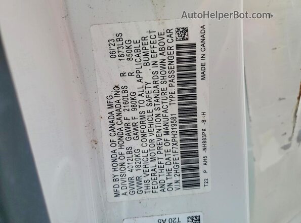 2HGFE1F7XPH319581 2023 HONDA CIVIC White VIN sticker view