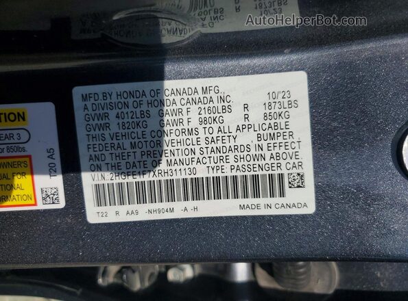 2HGFE1F7XRH311130 2024 HONDA CIVIC Gray Вид підкапотного простору