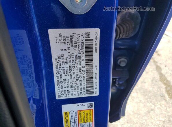 2HGFE1F90NH307163 2022 HONDA CIVIC Blue ძრავის განყოფილების ხედი