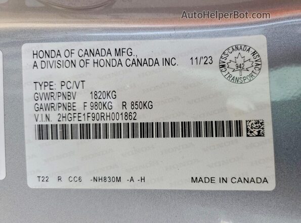 2HGFE1F90RH001862 2024 HONDA CIVIC Silver Vista del compartimento del motor