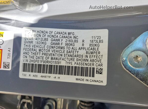2HGFE1F90RH315091 2024 HONDA CIVIC Blue VIN sticker view