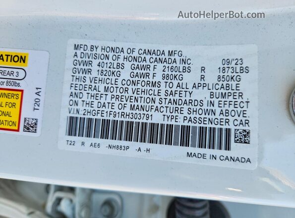 2HGFE1F91RH303791 2024 HONDA CIVIC White Շարժիչի բաժամունքի տեսք
