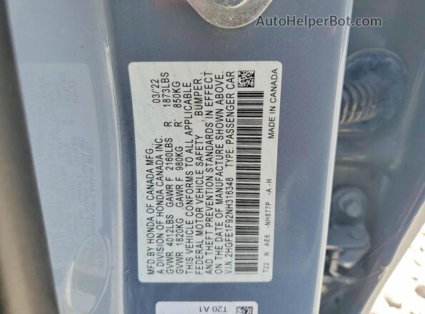 2HGFE1F92NH316348 2022 HONDA CIVIC Gray Շարժիչի բաժամունքի տեսք