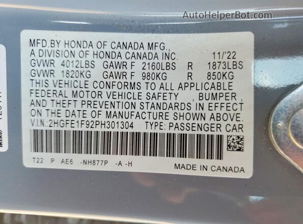 2HGFE1F92PH301304 2023 HONDA CIVIC Blue Widok naklejki z numerem VIN