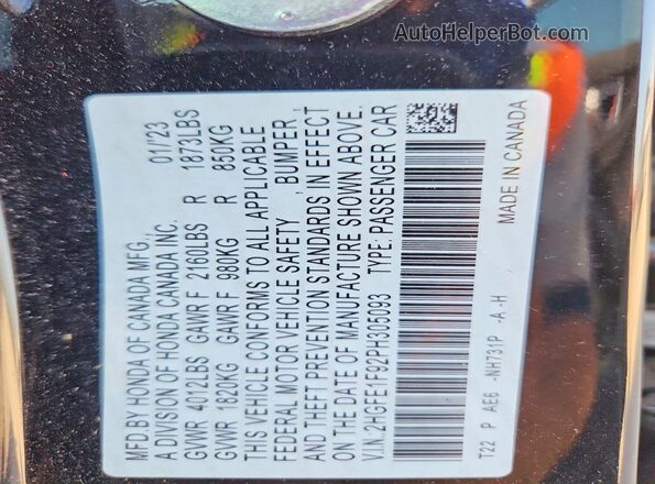 2HGFE1F92PH305093 2023 HONDA CIVIC Black Вид наклейки з VIN-кодом