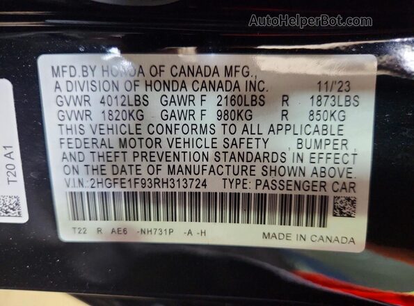 2HGFE1F93RH313724 2024 HONDA CIVIC Black Vista del compartimento del motor