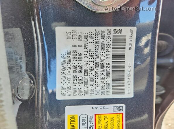2HGFE1F94NH329599 2022 HONDA CIVIC Gray Vista del compartimento del motor