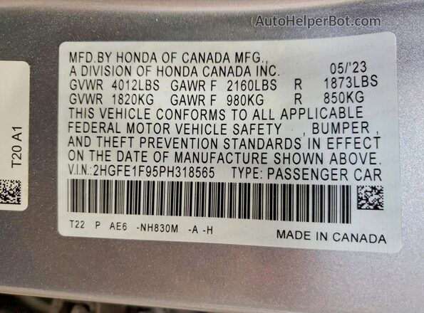 2HGFE1F95PH318565 2023 HONDA CIVIC Silver VIN კოდის სტიკერის ხედი