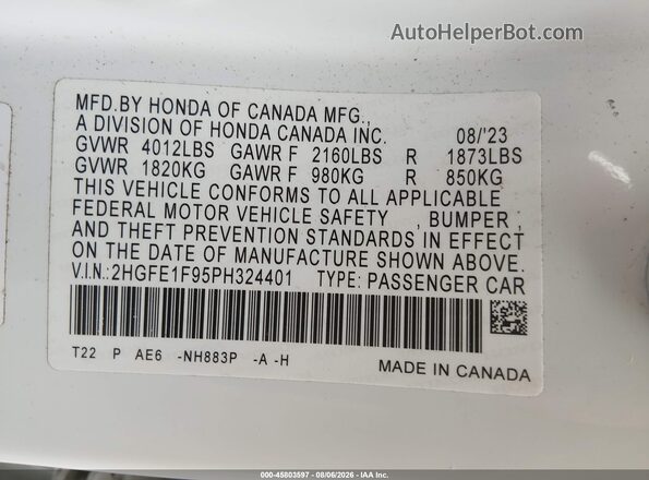 2HGFE1F95PH324401 2023 HONDA CIVIC Белый Вид подкапотного пространства