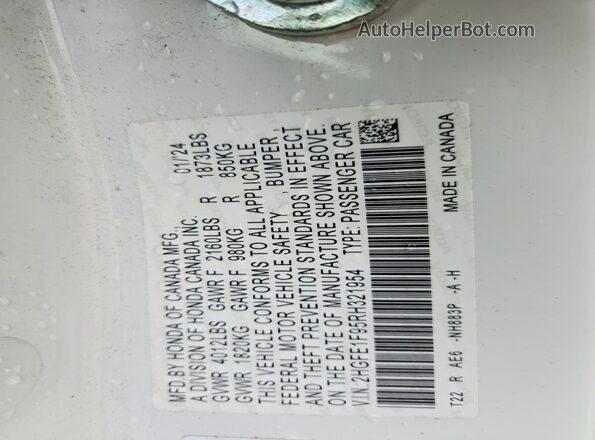 2HGFE1F95RH321954 2024 HONDA CIVIC White VIN კოდის სტიკერის ხედი