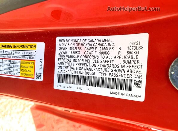 2HGFE1F96NH300606 2022 HONDA CIVIC Red Շարժիչի բաժամունքի տեսք