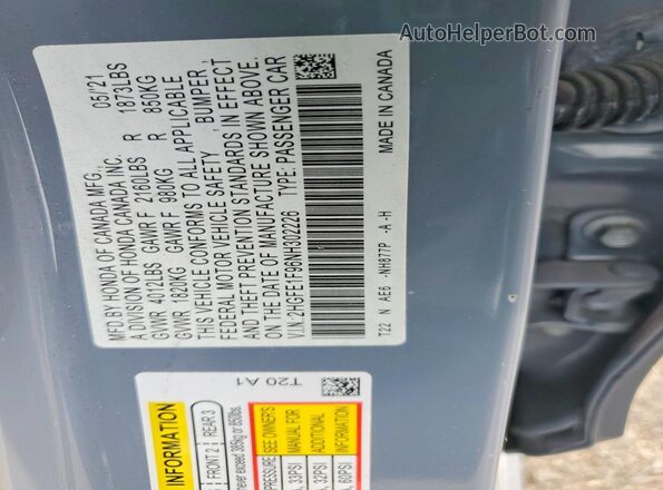 2HGFE1F96NH302226 2022 HONDA CIVIC Blue Вид наклейки з VIN-кодом