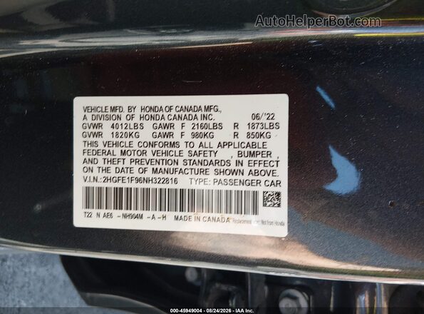 2HGFE1F96NH322816 2022 HONDA CIVIC Gray Вид підкапотного простору