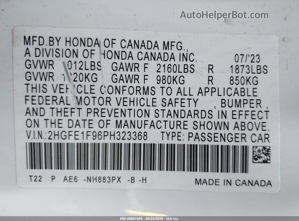 2HGFE1F96PH323368 2023 HONDA CIVIC White Vista del compartimento del motor