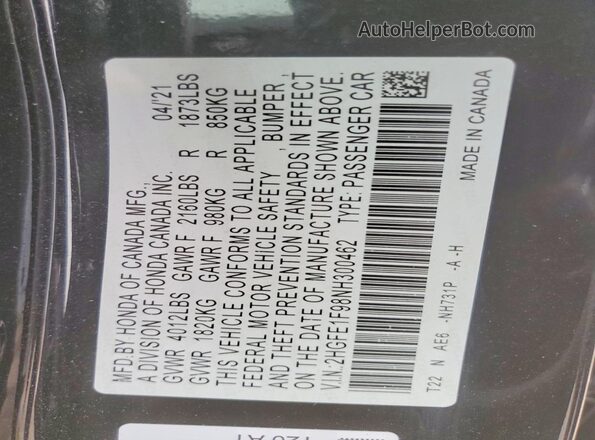 2HGFE1F98NH300462 2022 HONDA CIVIC Black VIN sticker view