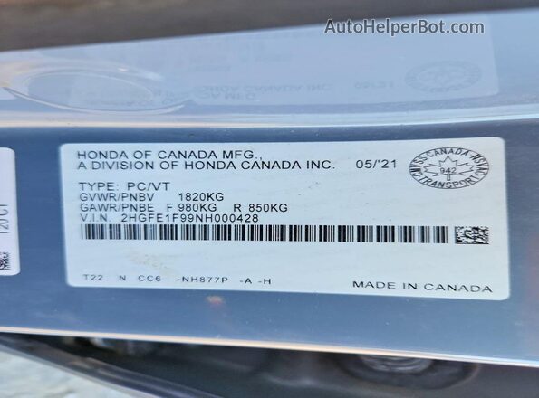 2HGFE1F99NH000428 2022 HONDA CIVIC Gray VIN կոդի պիտակի տեսք