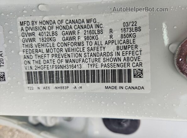2HGFE1F99NH316413 2022 HONDA CIVIC White Widok komory silnika
