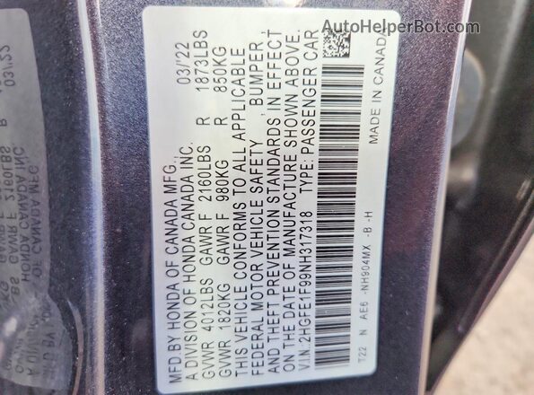 2HGFE1F99NH317318 2022 HONDA CIVIC Gray ძრავის განყოფილების ხედი