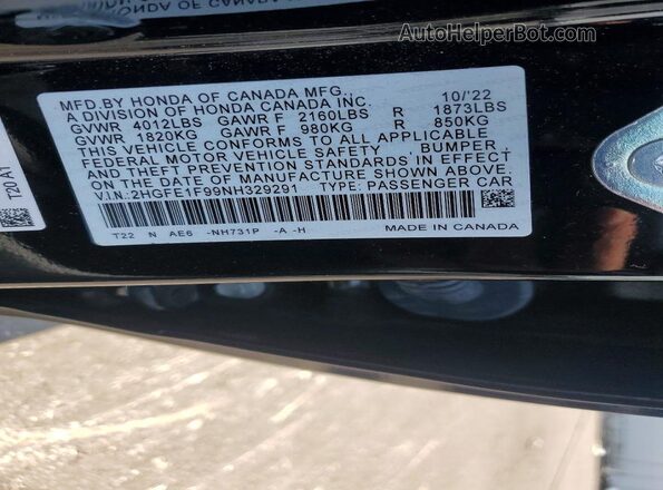 2HGFE1F99NH329291 2022 HONDA CIVIC Black Вид підкапотного простору