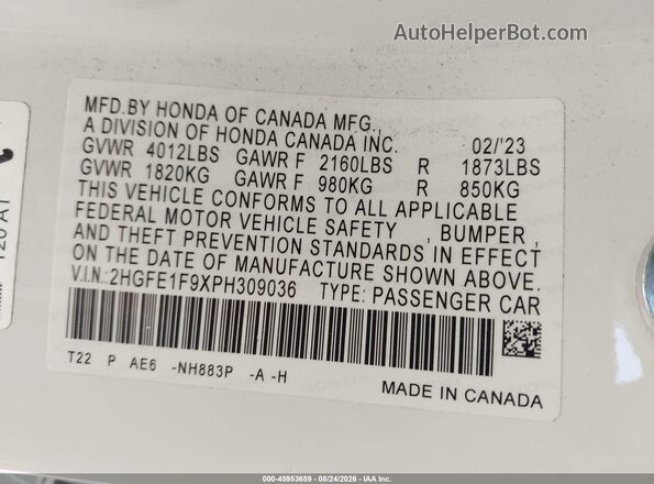 2HGFE1F9XPH309036 2023 HONDA CIVIC Белый Вид подкапотного пространства