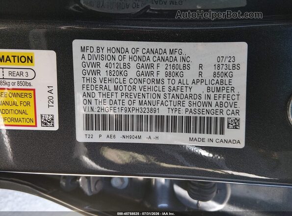 2HGFE1F9XPH323891 2023 HONDA CIVIC Серый Вид подкапотного пространства