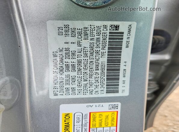 2HGFE2F20SH583511 2025 HONDA CIVIC Silver Widok naklejki z numerem VIN