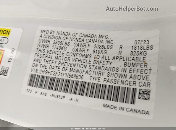 2HGFE2F21PH568636 2023 HONDA CIVIC White Вид підкапотного простору