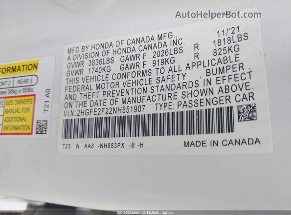 2HGFE2F22NH551907 2022 HONDA CIVIC White Widok komory silnika